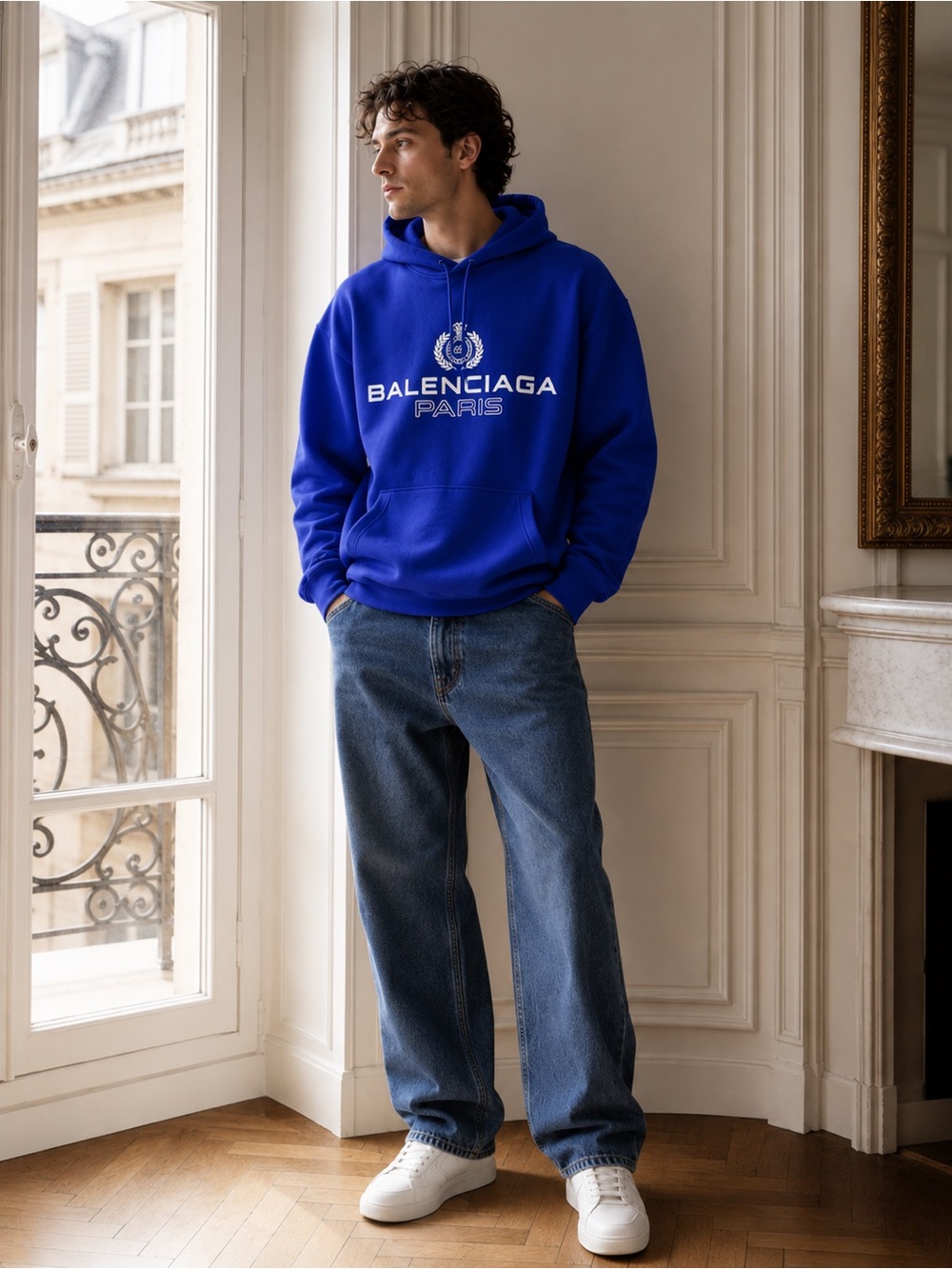 Balenciaga Men's Cobalt Blue Logo Pullover Hoodie size Large